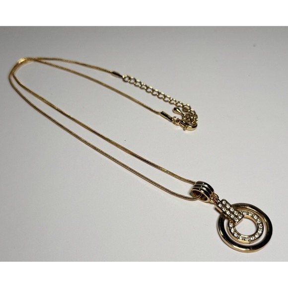 Double Circle Pendant Necklace Drop Earrings Jewelry Set Gold Tone Rhinestone - Picture 4 of 6